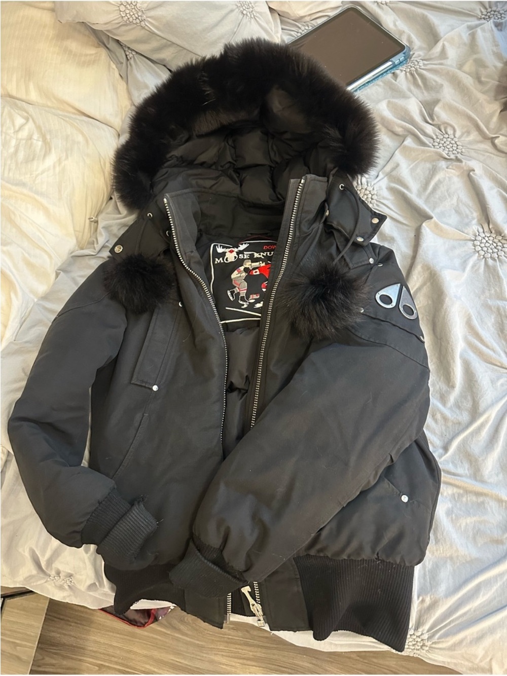 Moose Knuckles Black Bomber Jacket with Fur-Trim Hood